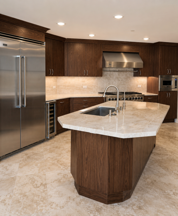 Walnut refaced cabinets with a quartz island countertop and full-height stone backsplash