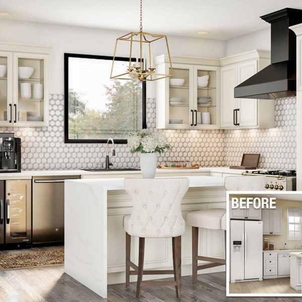 Kitchen with cream cabinets, a hexagon tile backsplash and a white island