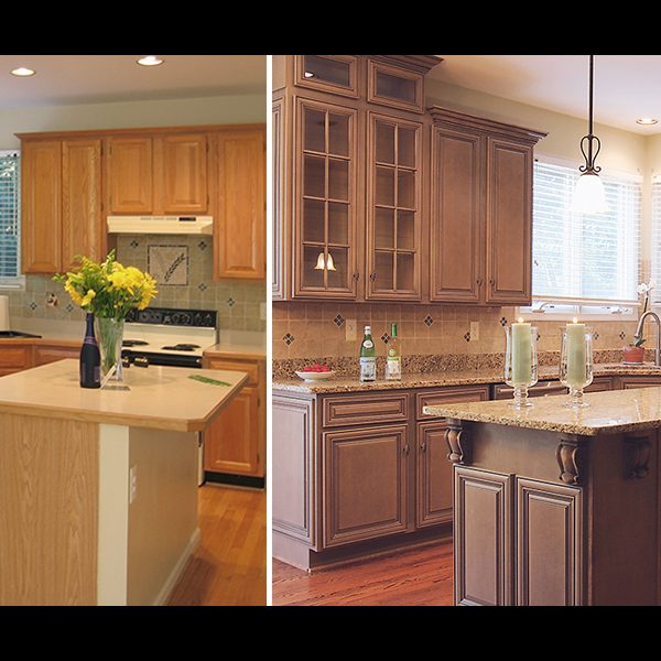 Before and after cabinet refacing: golden oak cabinets refaced in glazed maple with granite countertops