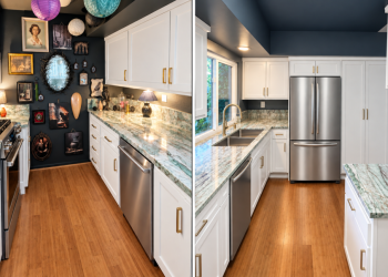 Thermofoil (RTF) Refacing & Quartzite White RTF Refacing with "Bluegrass" Quartzite countertops