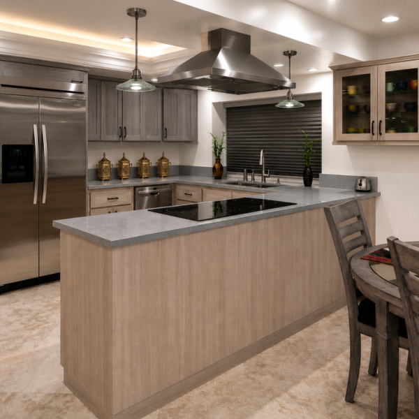 The same kitchen after refacing, with driftwood Thermofoil cabinets and grey quartz countertops