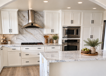 Warm White & Inviting! Thermofoil Refacing in Satin White, Beveled Shaker-style door.