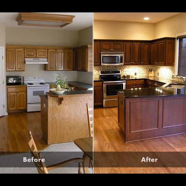 Before and after view of a kitchen updated from golden oak cabinets to a rich cherry finish