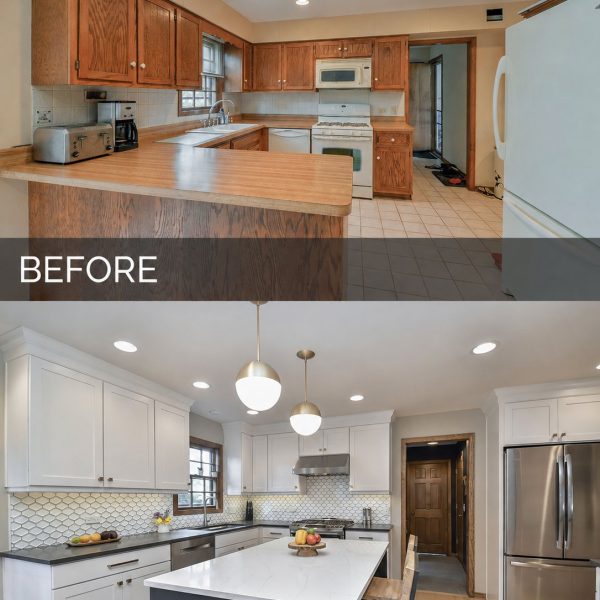Before and after kitchen remodel: golden oak cabinets and laminate counters replaced with white shaker cabinets, grey countertops and a white quartz island
