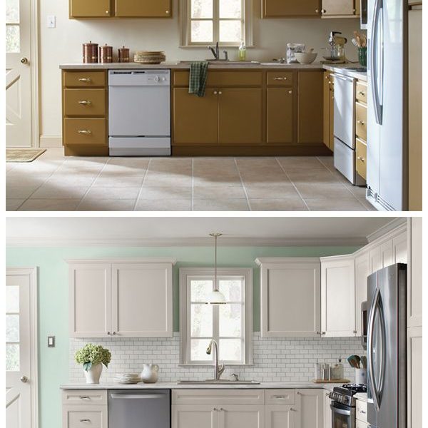 Before and after view of a kitchen updated from dated gold cabinets to white cabinets