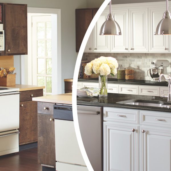 Before and after view of a kitchen updated from dark wood cabinets to white cabinets